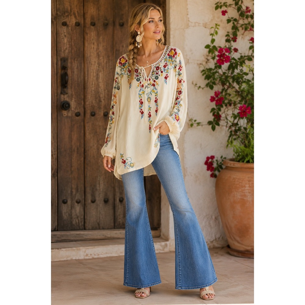 Johnny Was Embroidered Floral Silk Cupra Tunic Blouse Cream Womens Small Boho